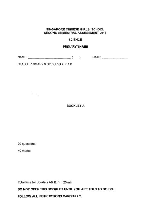 Singapore Chinese Girls P3 Sci SA2 2015 exam paper PDF preview