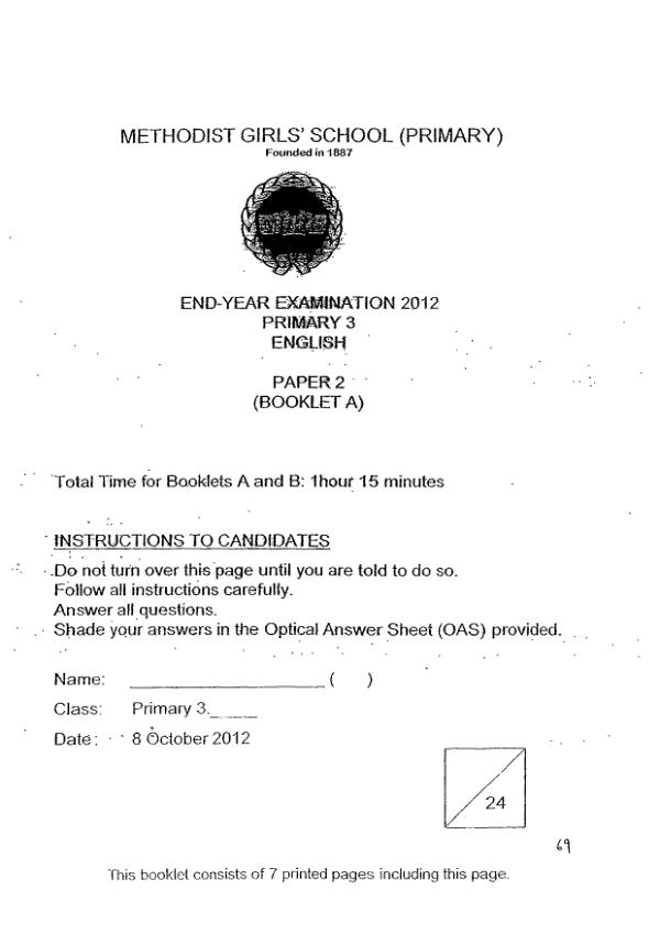 Methodist Girls P3 Eng SA2 2012 exam paper PDF preview
