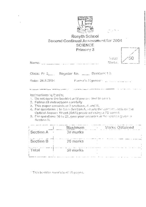 Rosyth P3 Sci WA3 2004 exam paper PDF preview