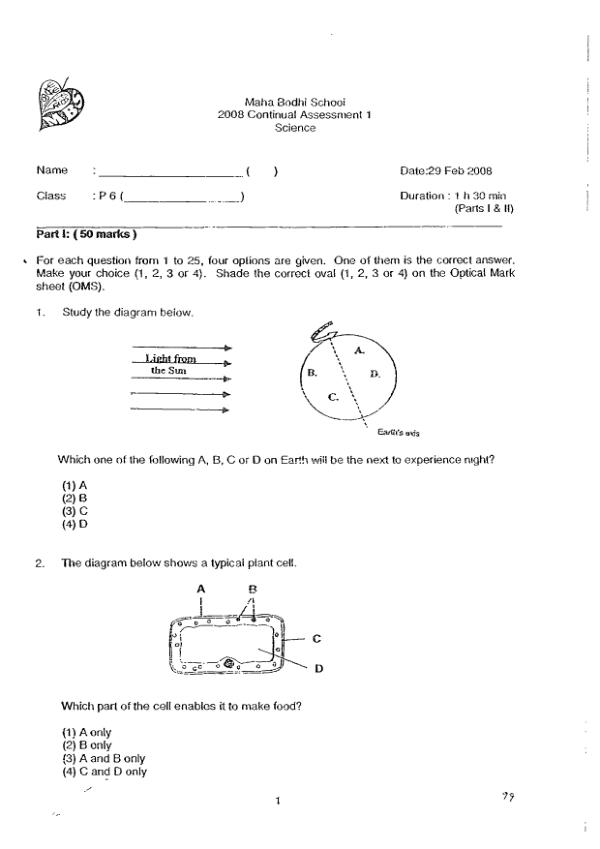 Maha Bodhi P6 Sci WA1 2008 exam paper PDF preview