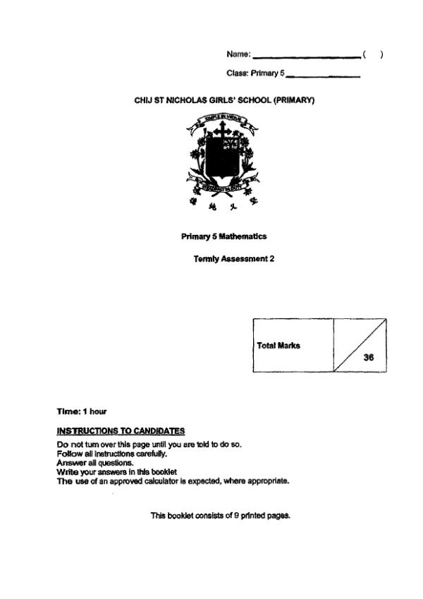 First page preview of P5 Math 2023 WA2 — CHIJ