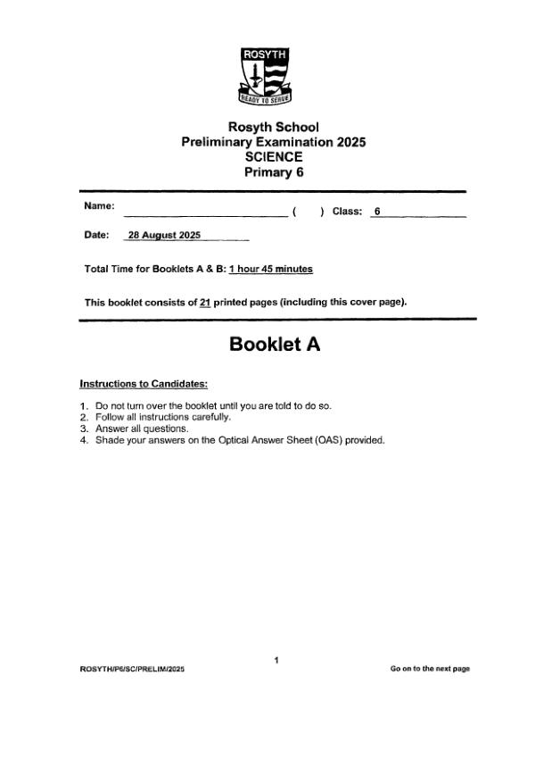 Rosyth P6 Sci SA2 2025 exam paper PDF preview