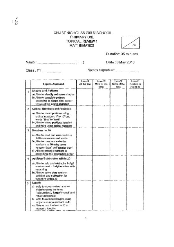 First page preview of P1 Math 2018 WA2 — CHIJ