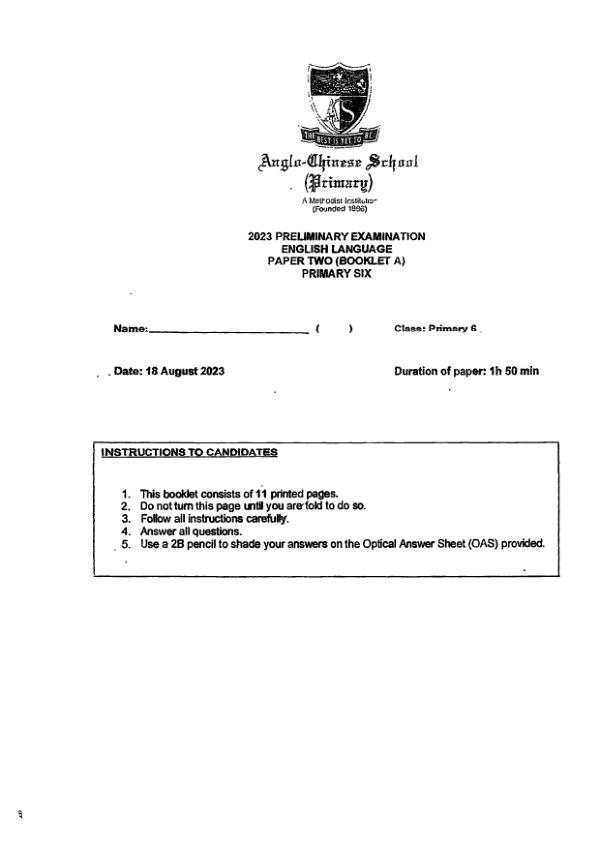First page preview of P6 Eng 2023 SA2 — Anglo Chinese