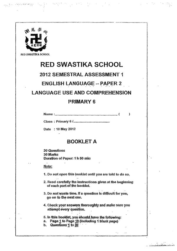 Red Swastika P6 Eng WA2 2012 exam paper PDF first page preview