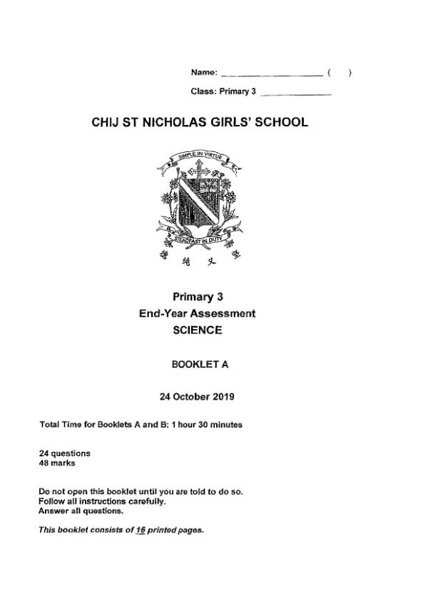 CHIJ P3 Sci SA2 2019 exam paper PDF first page preview