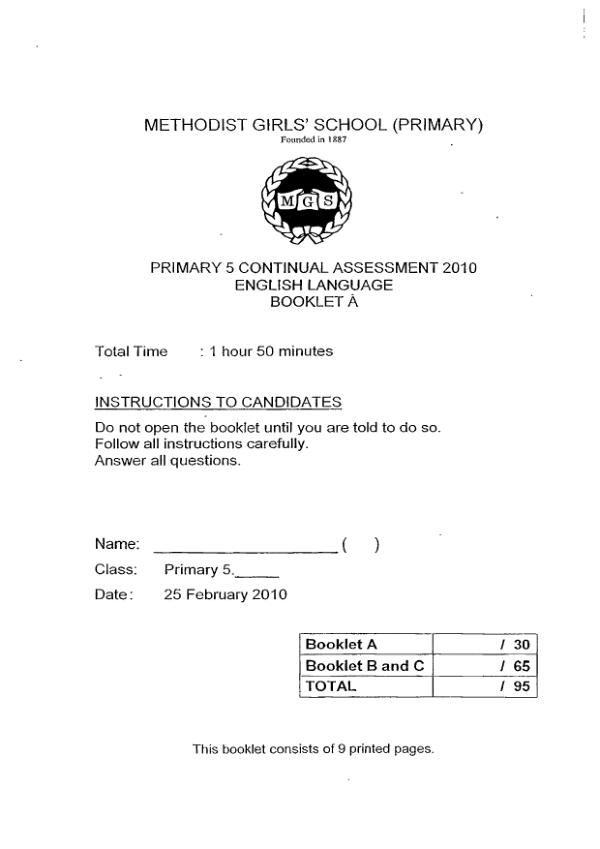 Methodist Girls P5 Eng WA1 2010 exam paper PDF preview