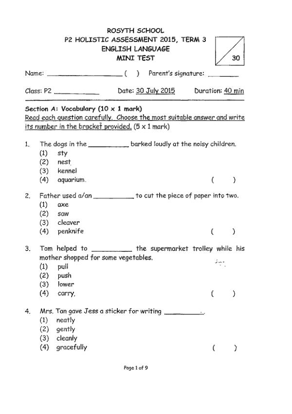 Rosyth P2 Eng WA3 2015 exam paper PDF first page preview