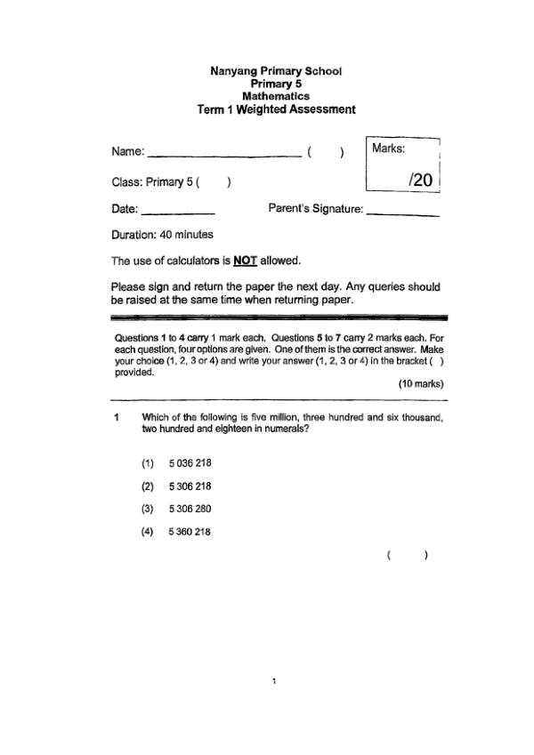 First page preview of P5 Math 2025 WA1 — Nanyang