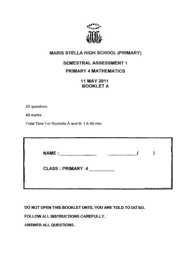 Maris Stella High P4 Math WA2 2011 exam paper PDF preview