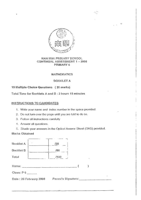 Nan Hua P6 Math WA1 2008 exam paper PDF preview
