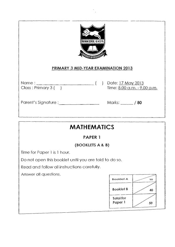 Tao Nan P3 Math WA2 2013 exam paper PDF preview