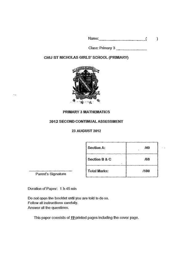 CHIJ P3 Math WA3 2012 exam paper PDF first page preview