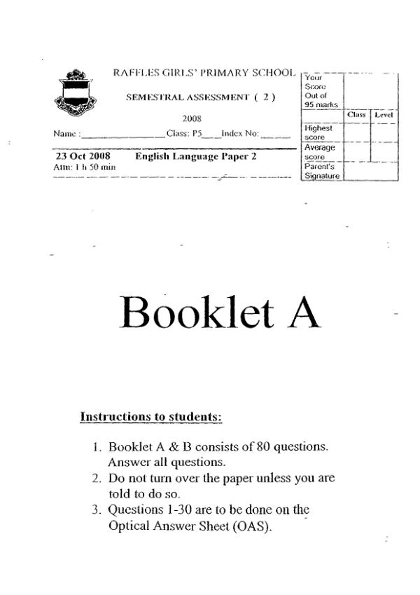 Raffles Girls P5 Eng SA2 2008 exam paper PDF first page preview