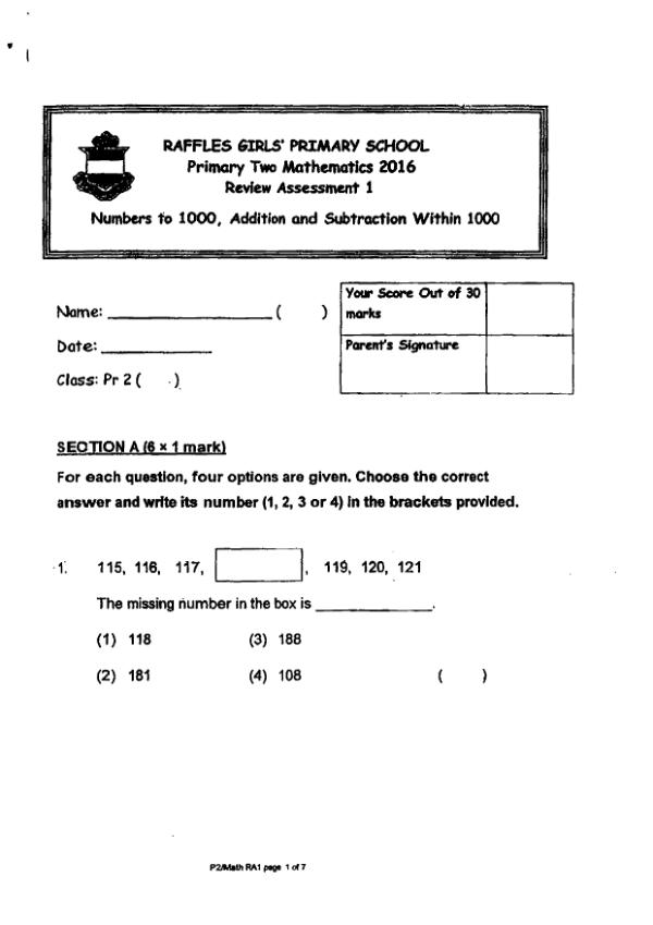 First page preview of P2 Math 2016 WA1 — Raffles Girls