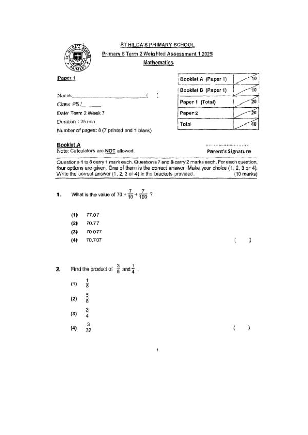 First page preview of P5 Math 2025 WA1 — St Hildas
