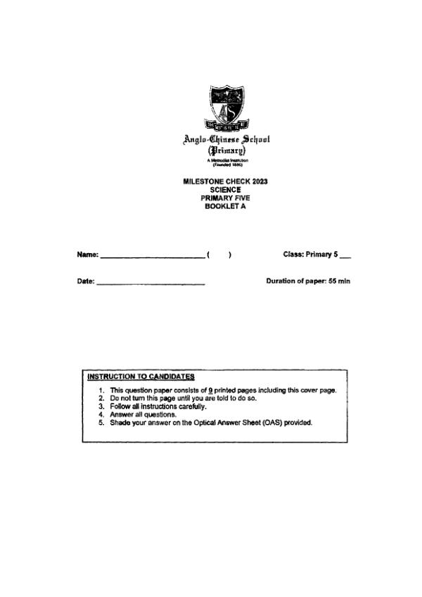 Anglo Chinese P5 Sci WA3 2023 exam paper PDF first page preview