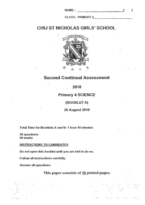 CHIJ P4 Sci WA3 2010 exam paper PDF first page preview