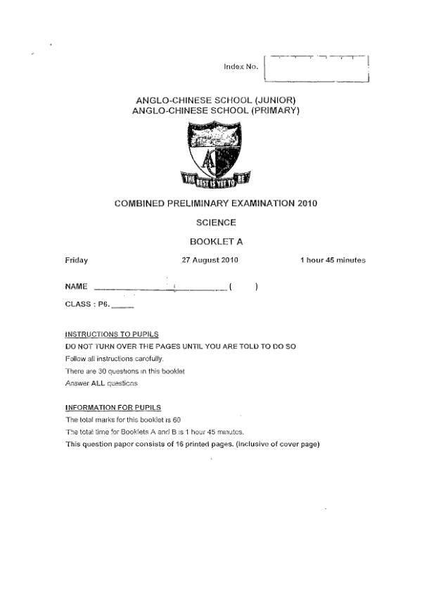 Anglo Chinese P6 Sci SA2 2010 exam paper PDF preview