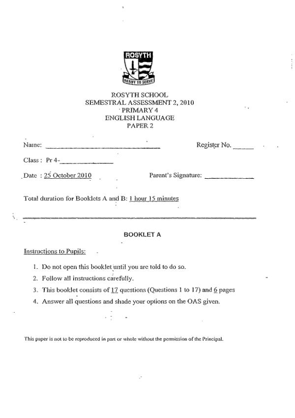 Rosyth P4 Eng SA2 2010 exam paper PDF first page preview