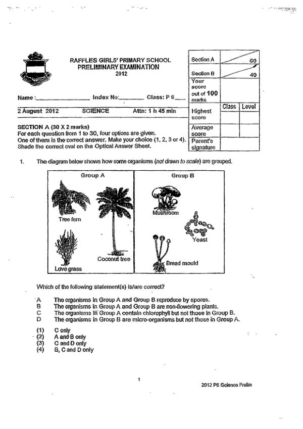 Raffles Girls P6 Sci SA2 2012 exam paper PDF first page preview
