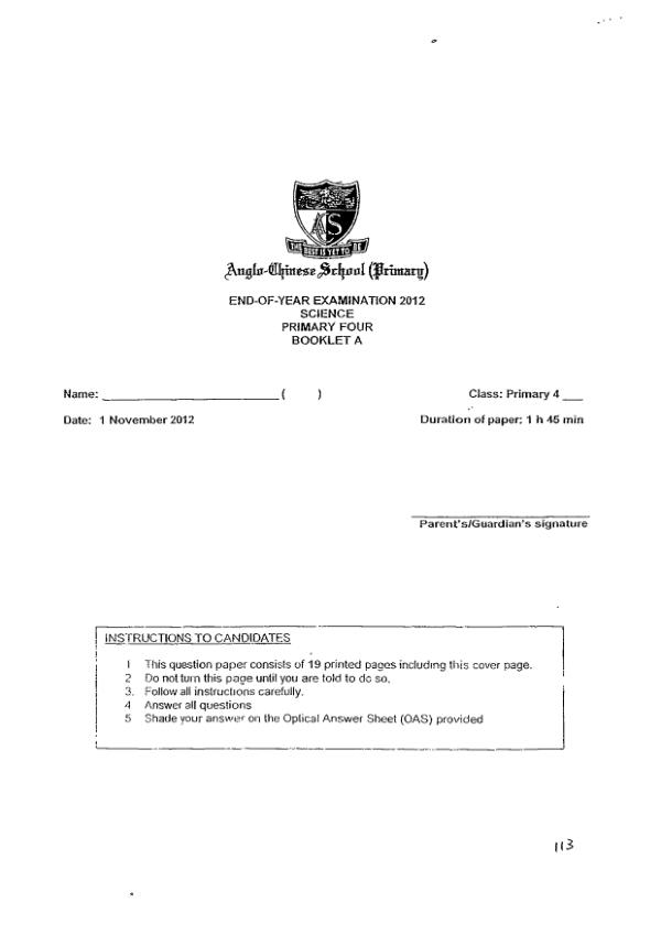 Anglo Chinese P4 Sci SA2 2012 exam paper PDF preview