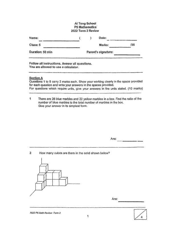First page preview of P5 Math 2022 WA3 — Ai Tong