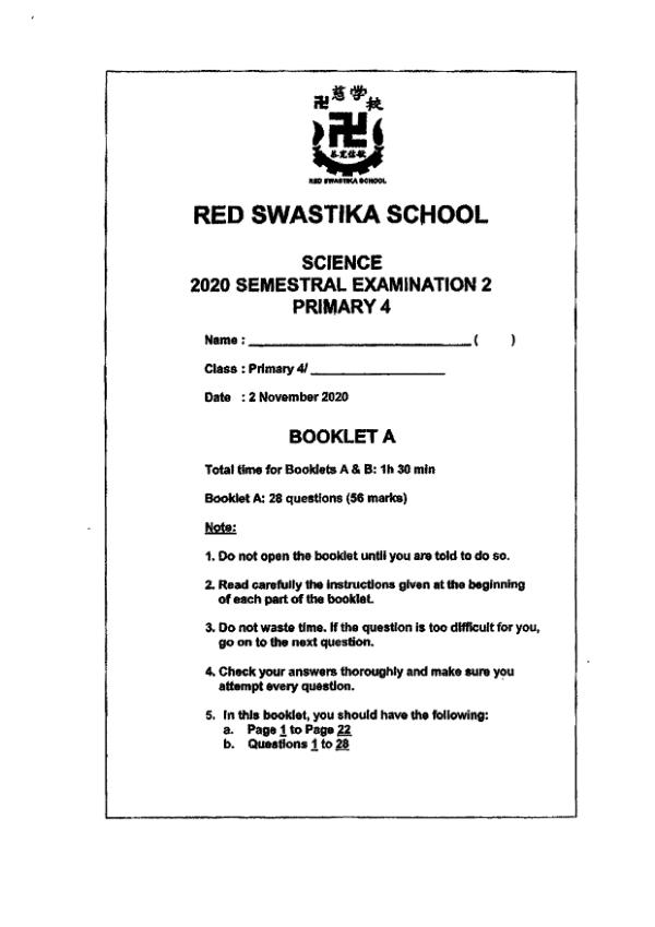 Red Swastika P4 Sci SA2 2020 exam paper PDF preview