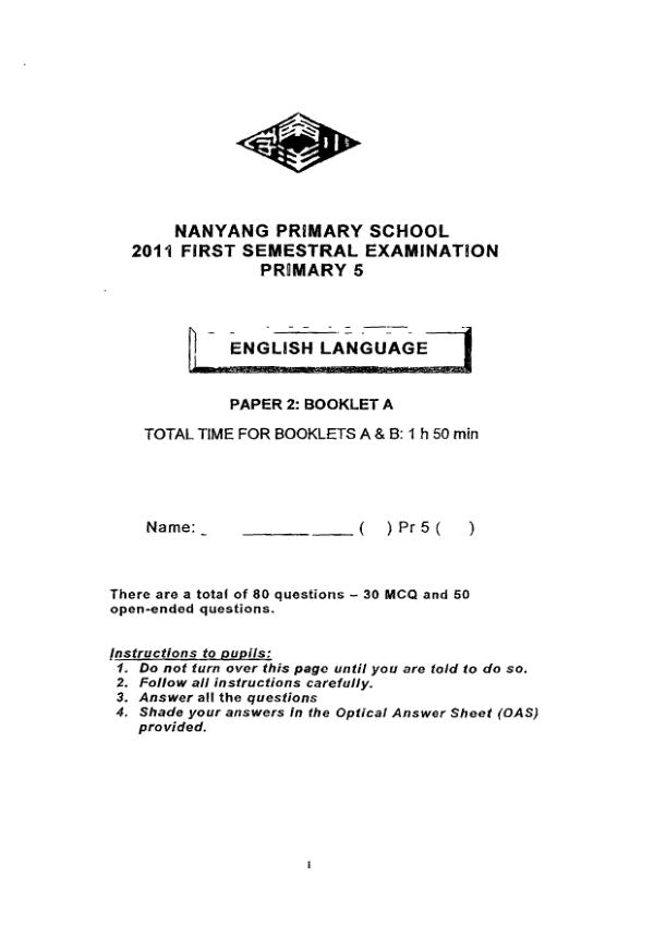 Nanyang P5 Eng WA2 2011 exam paper PDF first page preview