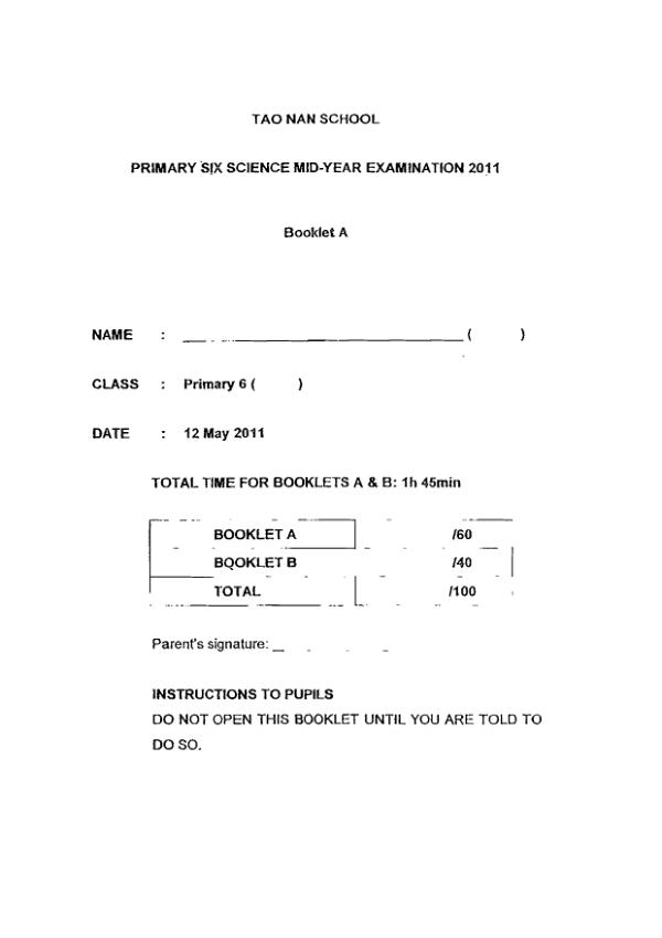 Tao Nan P6 Sci WA2 2011 exam paper PDF preview