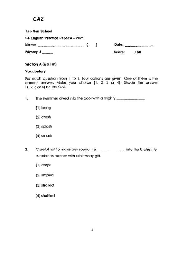 Tao Nan P4 Eng WA3 2021 exam paper PDF first page preview