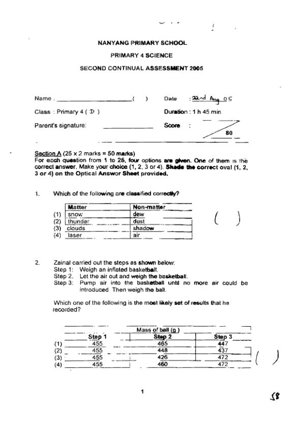 Nanyang P4 Sci WA3 2005 exam paper PDF preview