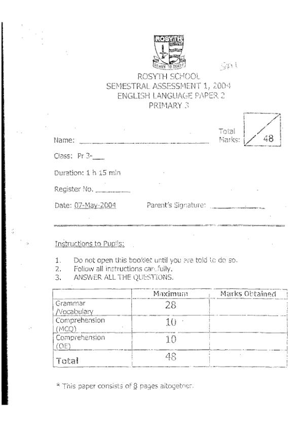 Rosyth P3 Eng WA2 2004 exam paper PDF preview