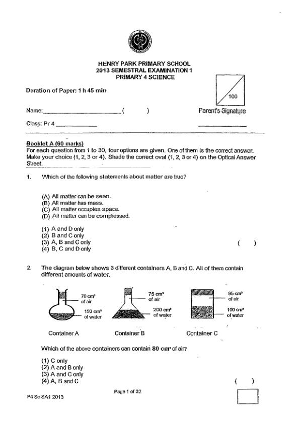 Henry Park P4 Sci WA2 2013 exam paper PDF preview