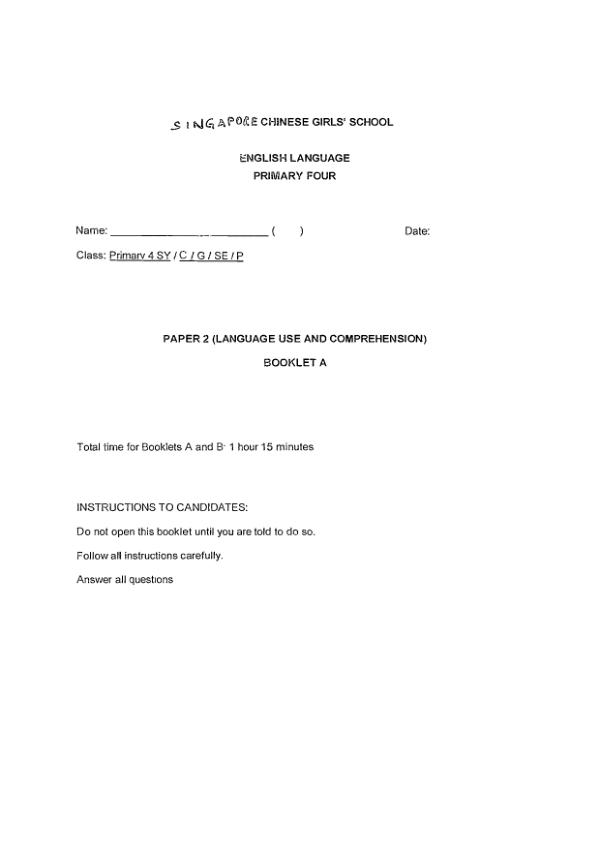 Singapore Chinese Girls P4 Eng SA2 2021 exam paper PDF preview