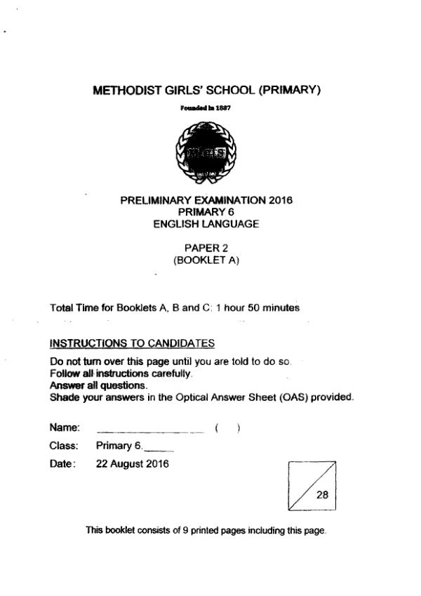 Methodist Girls P6 Eng SA2 2016 exam paper PDF first page preview