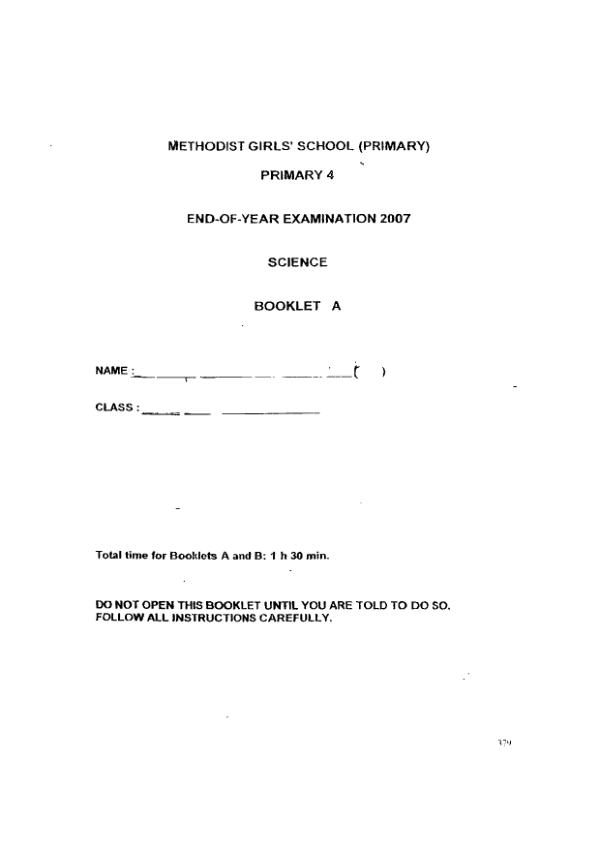Methodist Girls P4 Sci SA2 2007 exam paper PDF preview