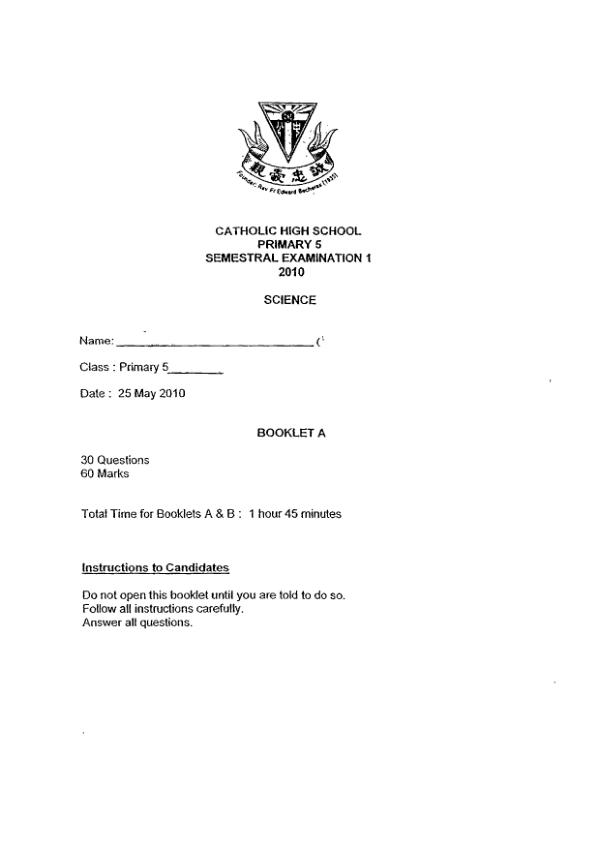 Catholic High P5 Sci WA2 2010 exam paper PDF preview