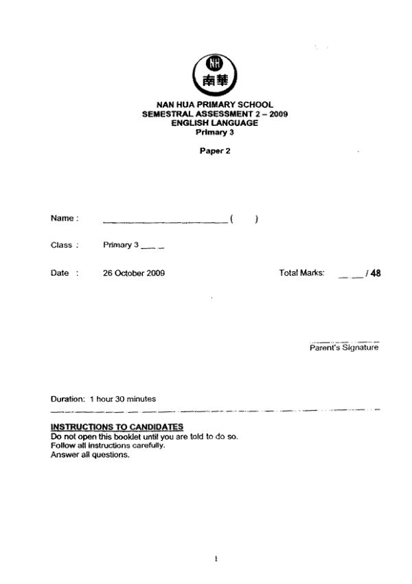 Nan Hua P3 Eng SA2 2009 exam paper PDF preview