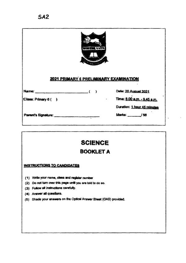Tao Nan P6 Sci SA2 2021 exam paper PDF first page preview