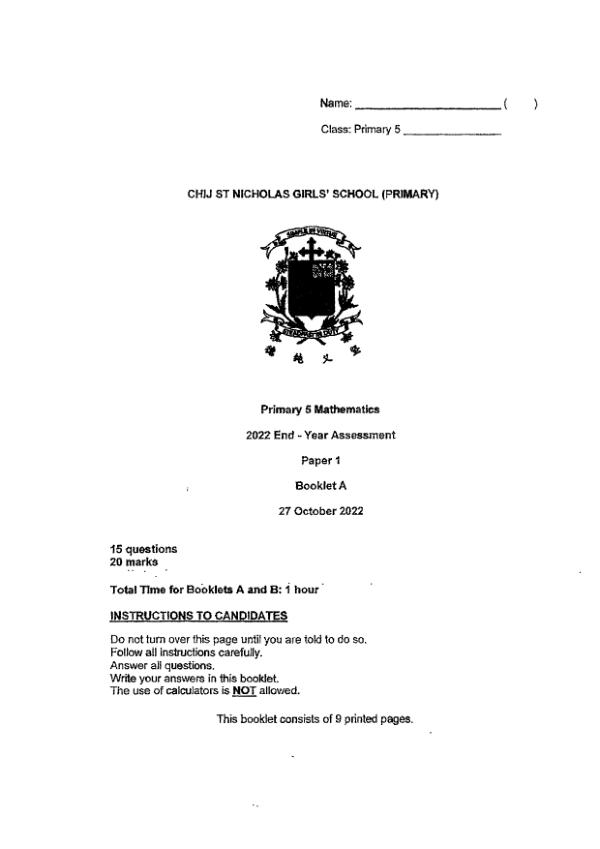 First page preview of P5 Math 2022 SA2 — CHIJ