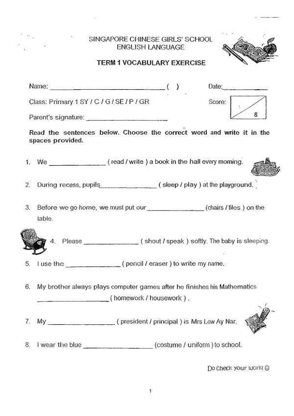 Singapore Chinese Girls P1 Eng WA1 2014 exam paper PDF preview