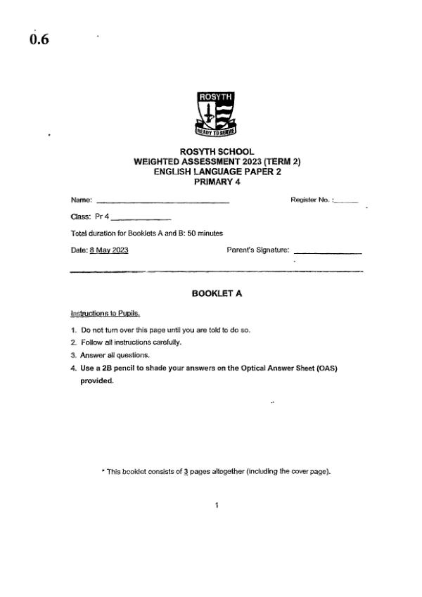 Rosyth P4 Eng WA1 2023 exam paper PDF first page preview