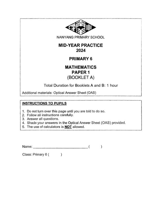 First page preview of P6 Math 2024 WA2 — Nanyang