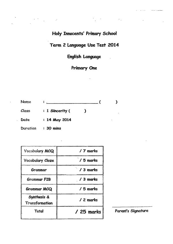 Holy Innocents P1 Eng WA2 2014 exam paper PDF first page preview