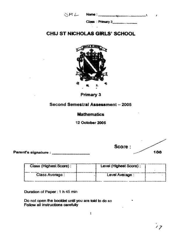 CHIJ P3 Math SA2 2005 exam paper PDF first page preview