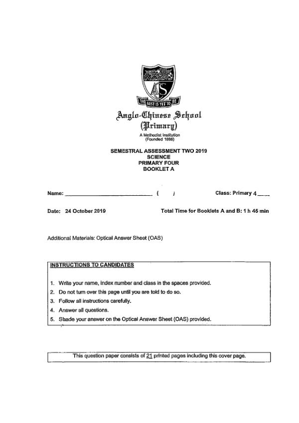 Anglo Chinese P4 Sci SA2 2019 exam paper PDF first page preview