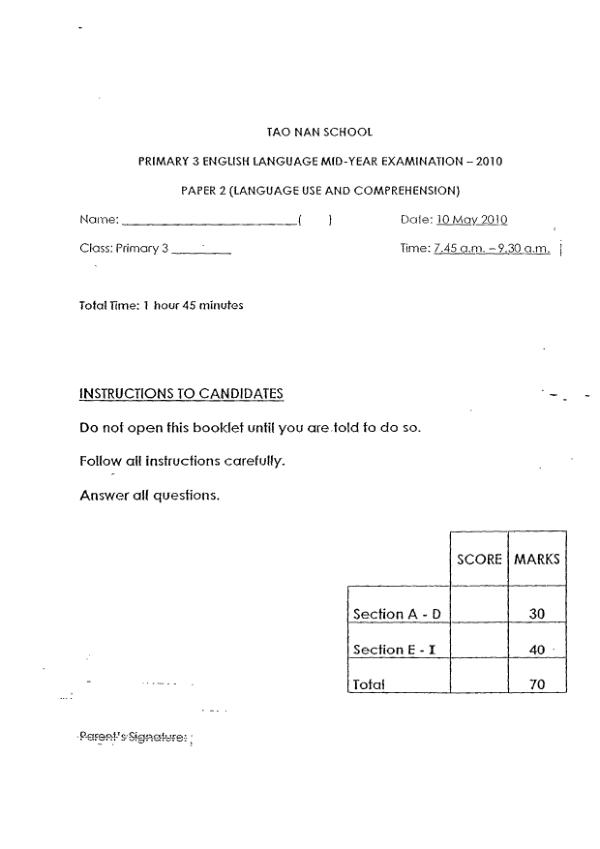 Tao Nan P3 Eng WA2 2010 exam paper PDF preview