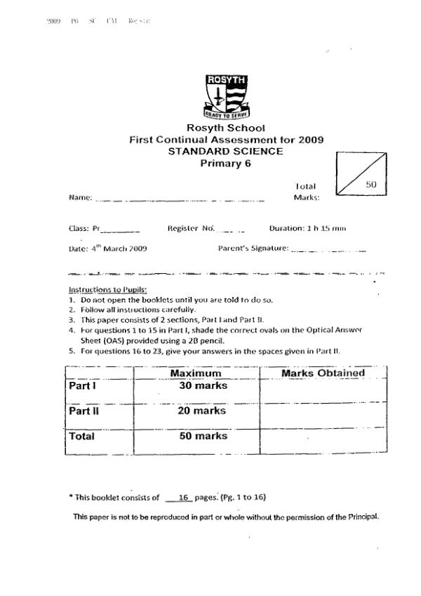 Methodist Girls P6 Sci WA1 2009 exam paper PDF preview