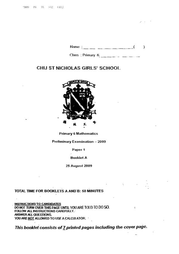 CHIJ P6 Math SA2 2009 exam paper PDF preview